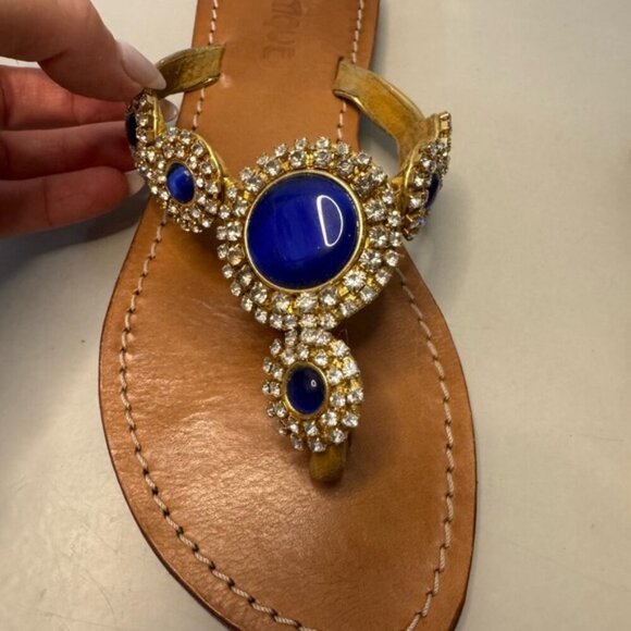 Tan Leather Sandals w/ Royal Blue and Silver Crystals - Size 6 | Chic & Elegant - Picture 2 of 5